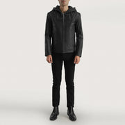 Detalle de cerca of Hooded &amp; Zipper Hardware on Men's Spratt Negro Hooded Chaqueta de Cuero para Hombre