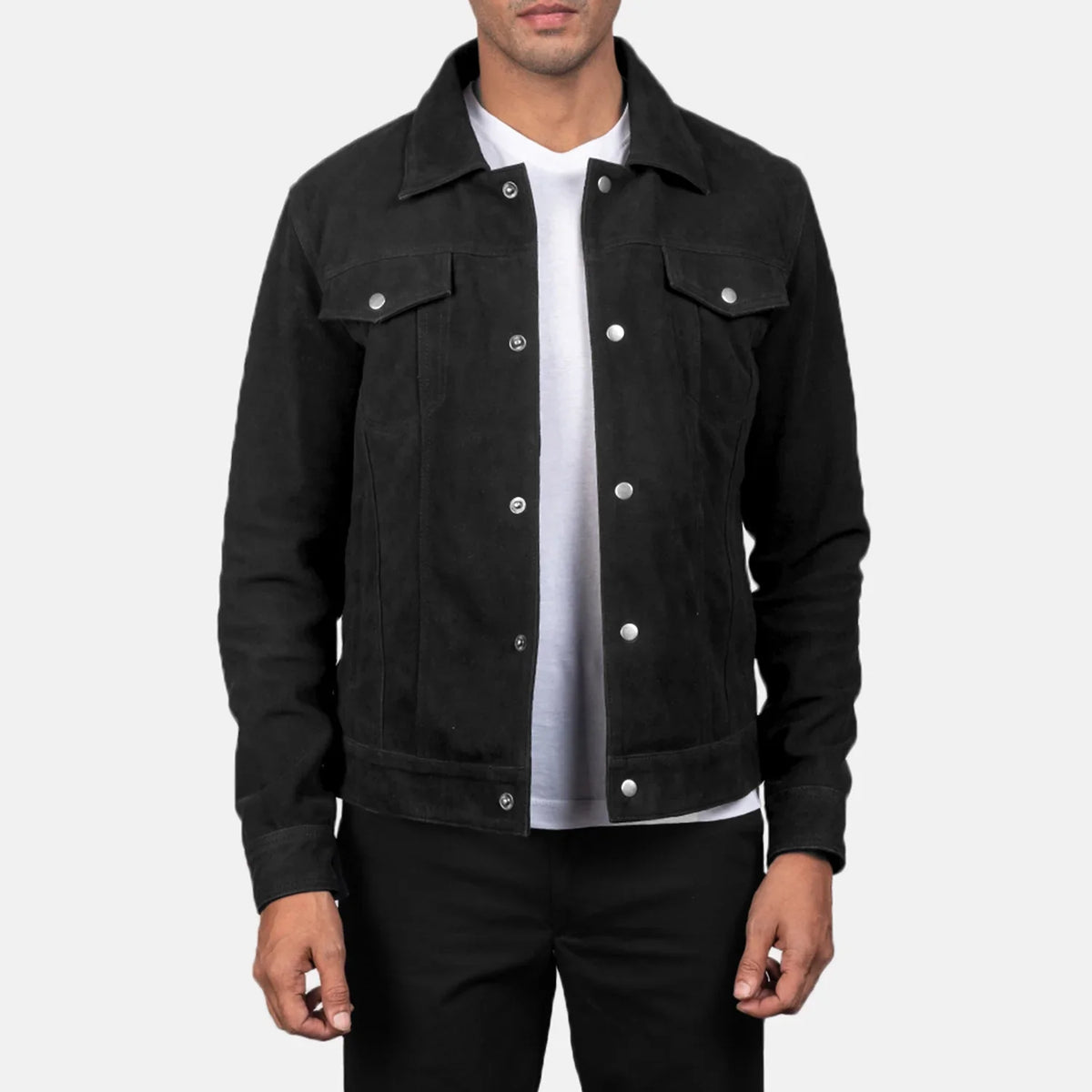 
Stallon Black Suede Jacket in Black Goatskin Suede - Vista frontal y silueta entallada | Comprar online