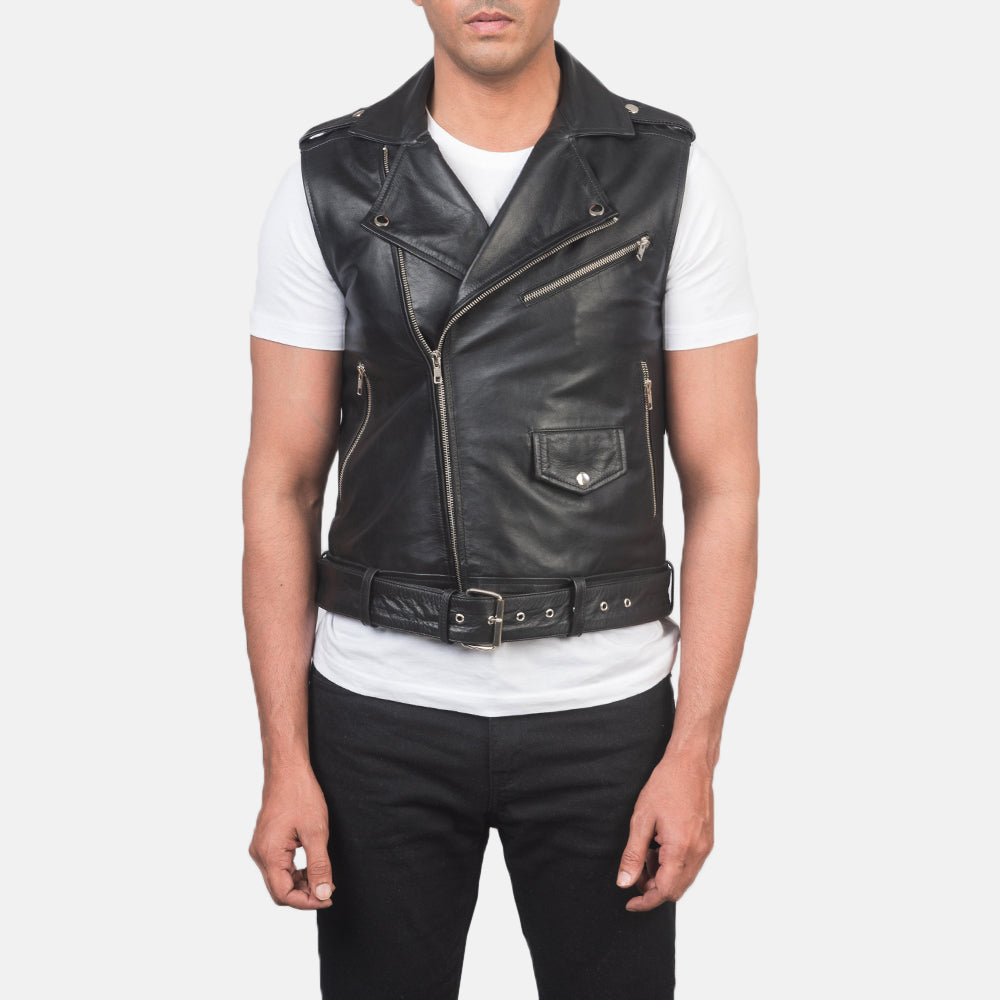 
Vista de detalle of Notch & Zipper Hardware on Sullivan Negro Leather Biker Vest para Hombre