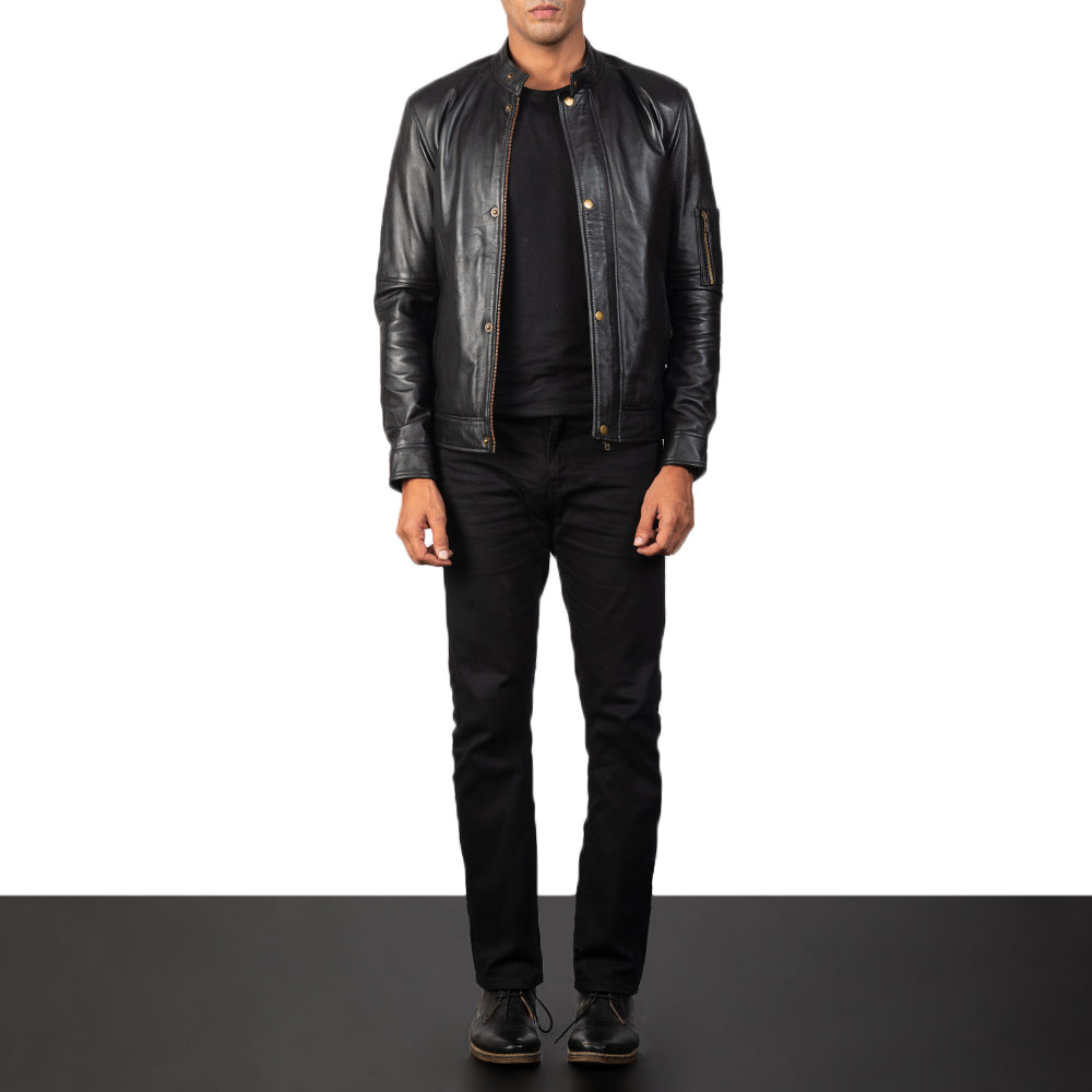 Detalle de cerca of Band with snap button &amp; Zipper Hardware on Men's Tea House Negro Chaqueta Biker de Cuero para Hombre