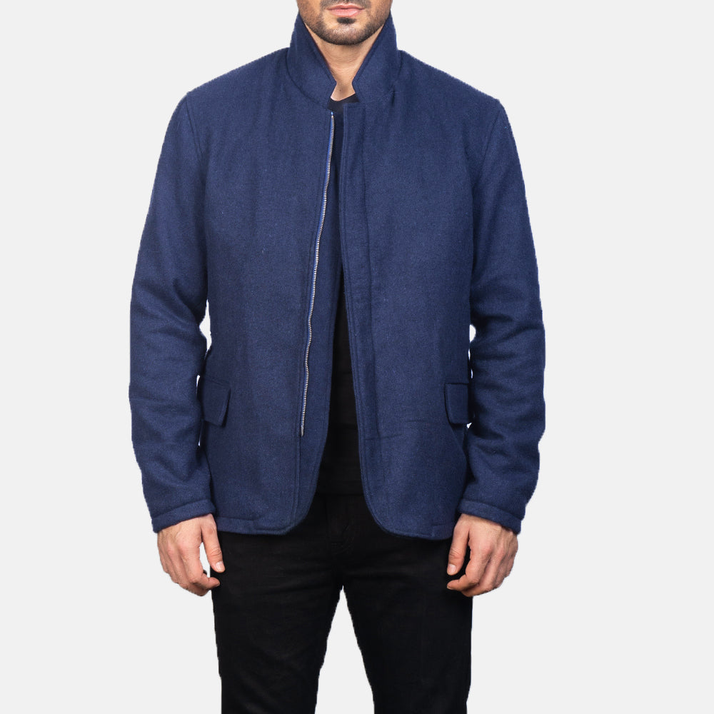 Men's Thomas Azul Wool Chaqueta de Cuero para Hombre in Navy Blue Synthetic Wool - Vista frontal y silueta a medida | Comprar online