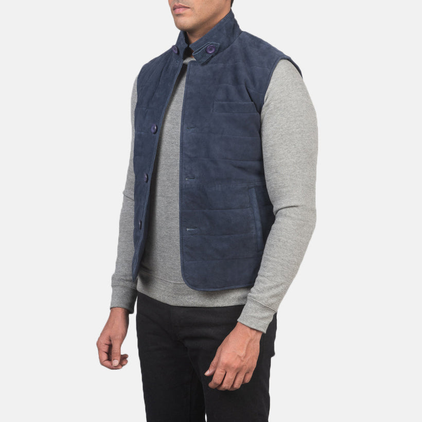 Blue Goatskin Suede Leather Vest - Back View Showing Tailored Shoulder Fit & Clean Hemline
