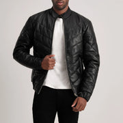 Travis Black Leather Puffer Jacket in Black Sheepskin Leather - Vista frontal y silueta a medida | Comprar online