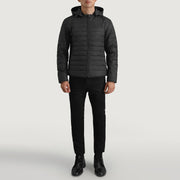 Tyler Negro Hooded Puffer Chaqueta de Cuero para Hombre - Vista de perfil lateral con corte ergonómico de manga