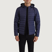 Tyler Azul Hooded Puffer Chaqueta de Cuero para Hombre in Blue Full-Grain Leather - Vista frontal y silueta a medida | Comprar online