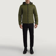 Tyler Verde Hooded Puffer Chaqueta de Cuero para Hombre - Vista de perfil lateral con corte ergonómico de manga