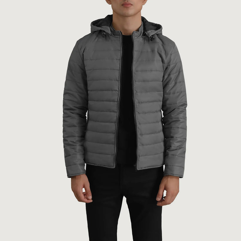 Tyler Gris Hooded Puffer Chaqueta de Cuero para Hombre
