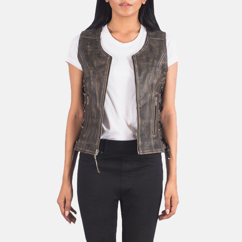 Vanda Efecto Envejecido Marrón Leather Biker Vest para Mujer