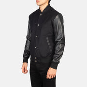 Black Sheepskin Leather Varsity Jacket - Vista trasera con ajuste entallado en hombros y bajo impecable