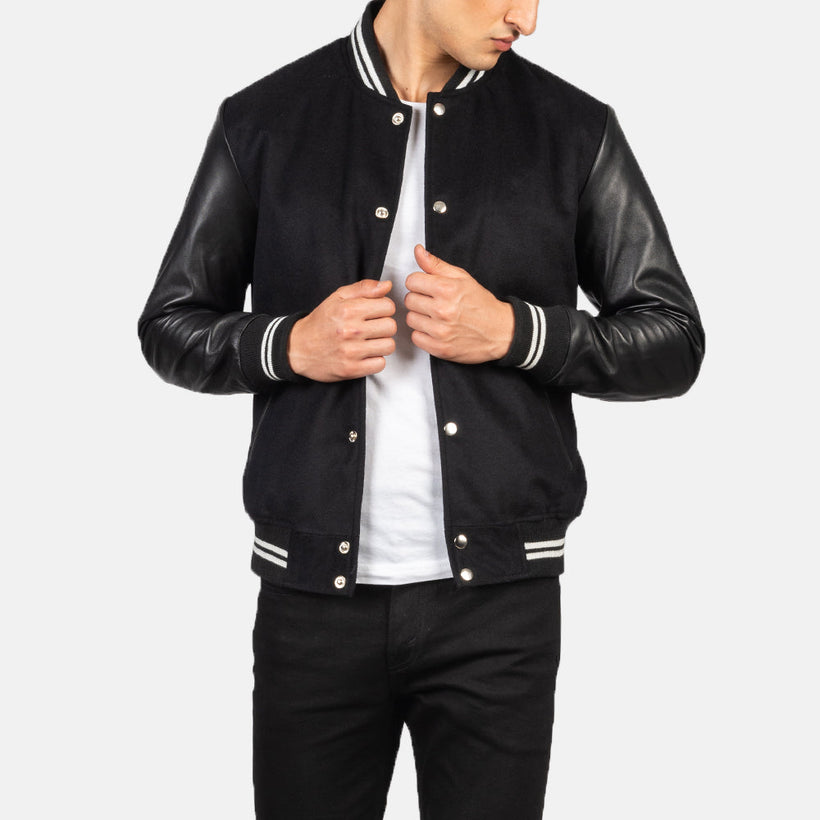Vaxton Negro Striped Hybrid Varsity Chaqueta de Cuero para Hombre