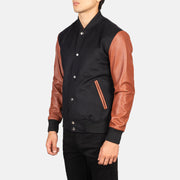 
Black & Brown Sheepskin Leather Varsity Jacket - Vista posterior con hombros definidos y bajo impecable