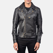 Men's Vincent Black Leather Biker Jacket in Distressed Black Cow Hide Leather - Vista frontal y silueta a medida | Comprar online
