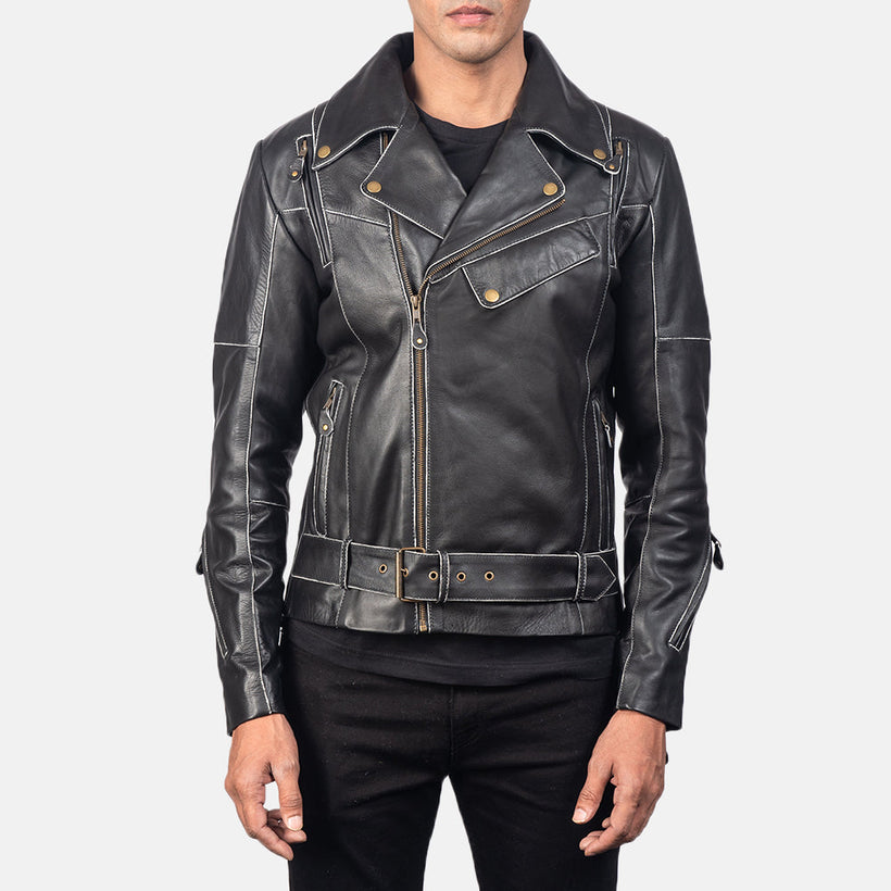 Vincent Negro Chaqueta Biker de Cuero para Hombre
