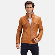 Voltex Tostado Chaqueta Biker de Cuero para Hombre in Tan Brown Sheepskin Leather - Vista frontal y silueta a medida | Comprar online