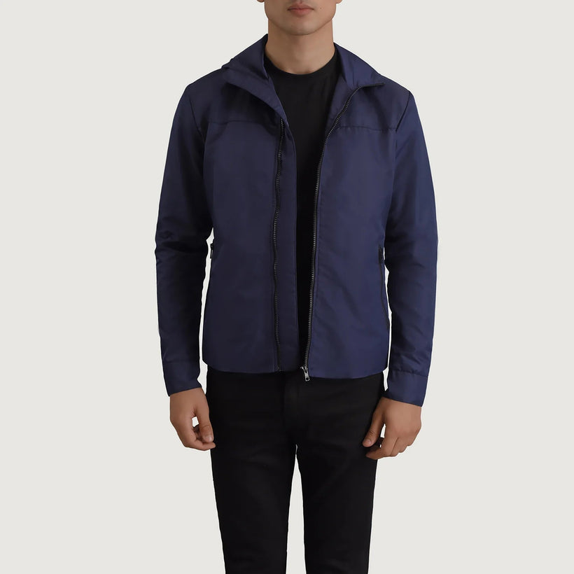 Wesley Azul Hooded Windbreaker Chaqueta de Cuero para Hombre