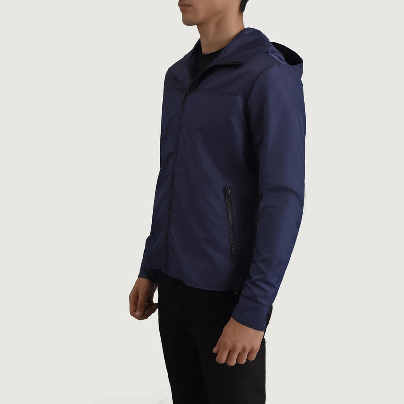 Wesley Azul Hooded Windbreaker Chaqueta de Cuero para Hombre