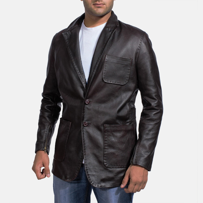 Wine Negro Blazer de Cuero de Cuero para Hombre