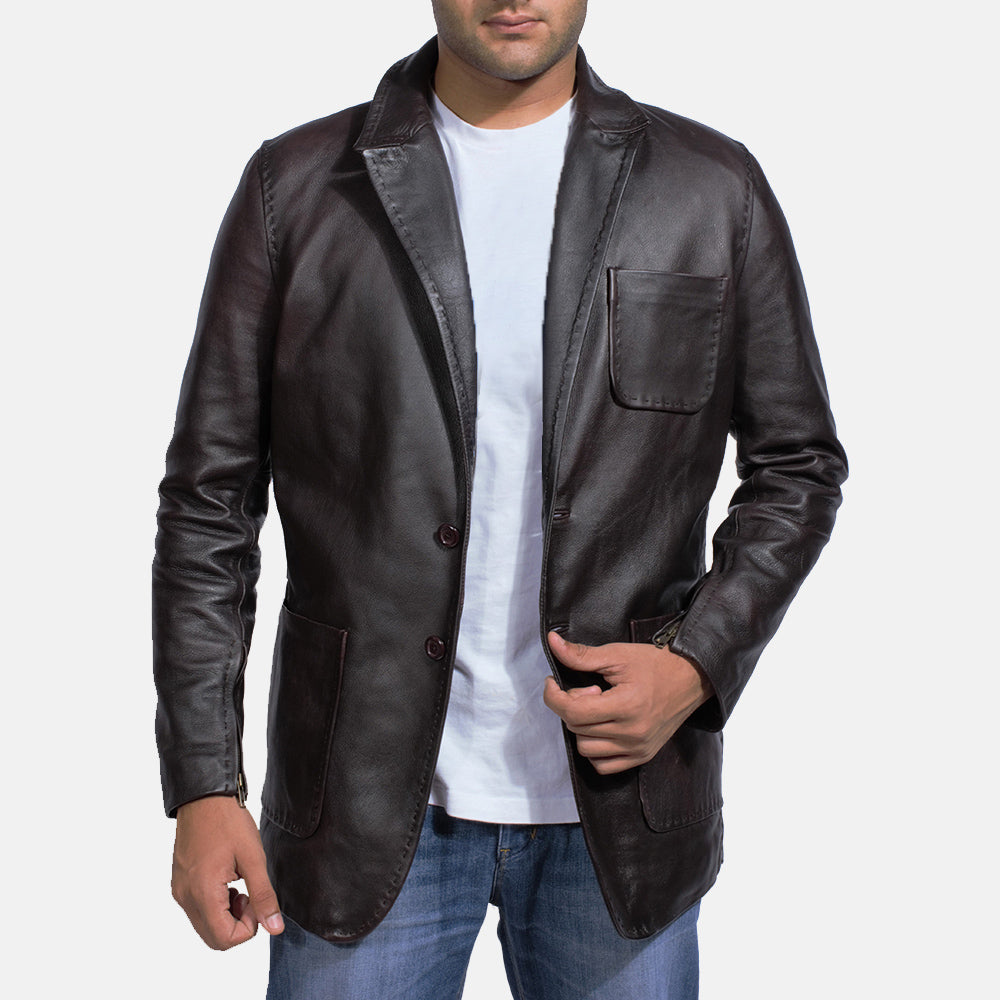 
Dark Brown Cow Hide leather Blazer - Vista posterior con hombros definidos y bajo impecable
