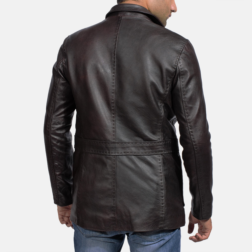 
Wine Negro Blazer de Cuero de Cuero para Hombre - Vista lateral mostrando el corte ergonómico de mangas