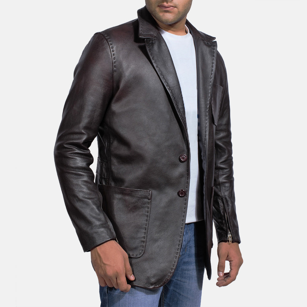 
Vista de detalle of Notch & Button Hardware on Wine Negro Blazer de Cuero de Cuero para Hombre