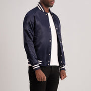 Blue Satin Varsity Jacket - Vista trasera con ajuste entallado en hombros y bajo impecable