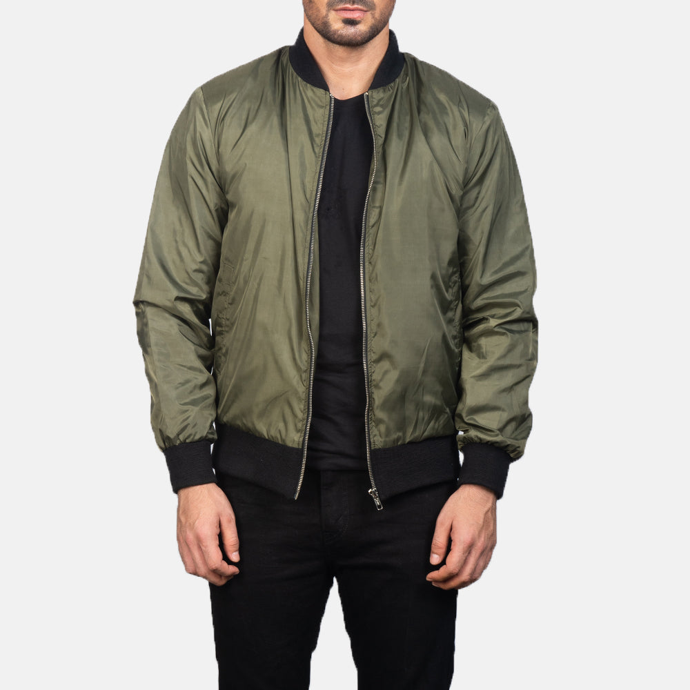 Men's Zack Verde Cazadora Bomber de Cuero para Hombre in Green Nylon - Vista frontal y silueta a medida | Comprar online