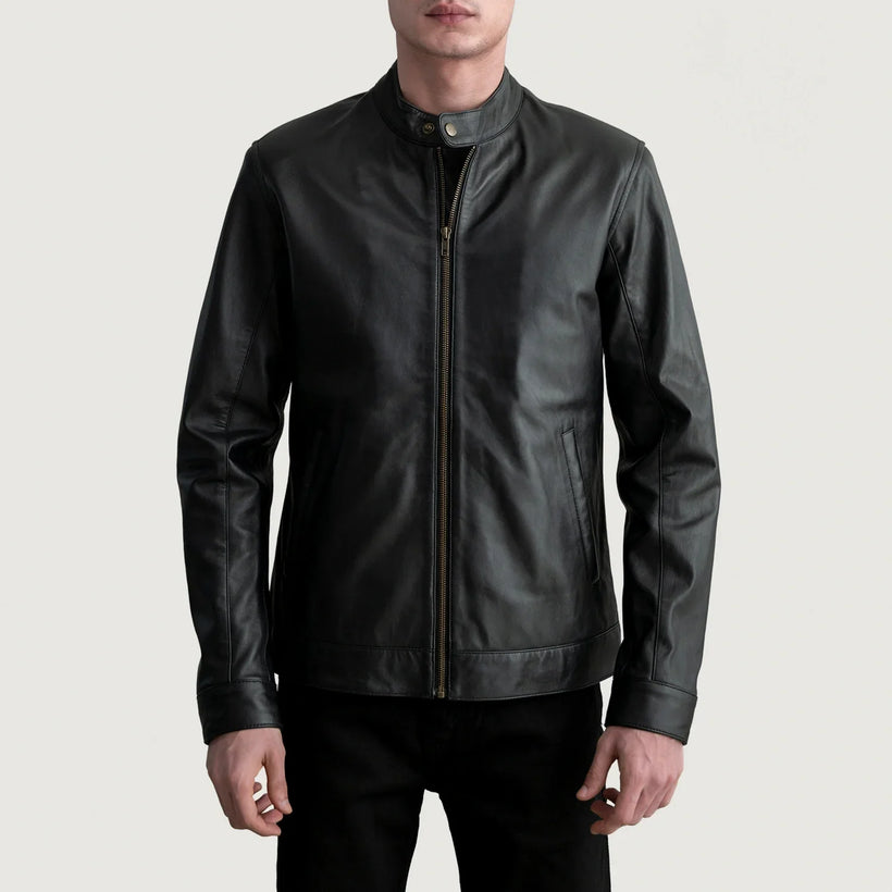 Zen Negro Chaqueta Biker de Cuero para Hombre