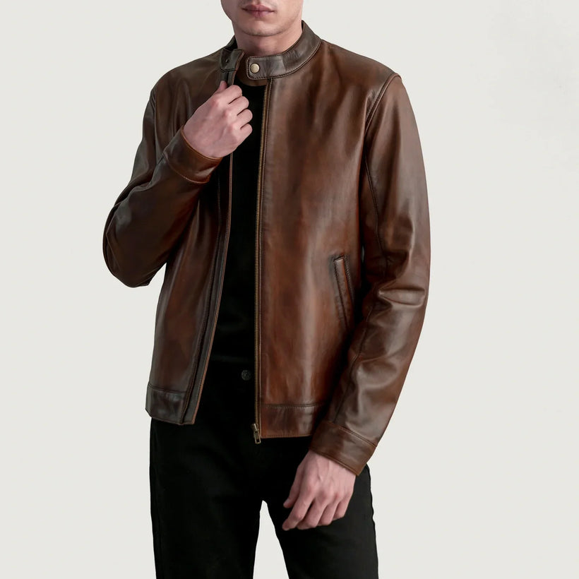 Zen Efecto Envejecido Marrón Chaqueta Biker de Cuero para Hombre