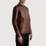 Distressed Brown Sheepskin Leather Biker Jacket - Vista trasera con ajuste entallado en hombros y bajo impecable
