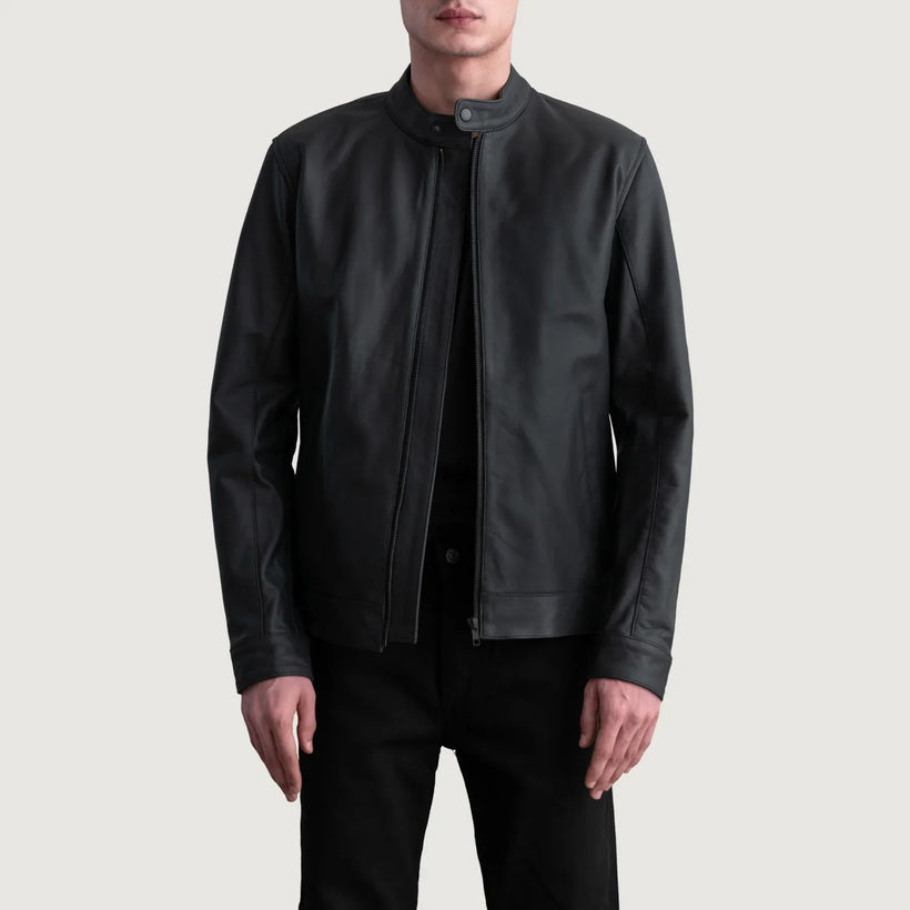 Zen Matte Negro Chaqueta Biker de Cuero para Hombre