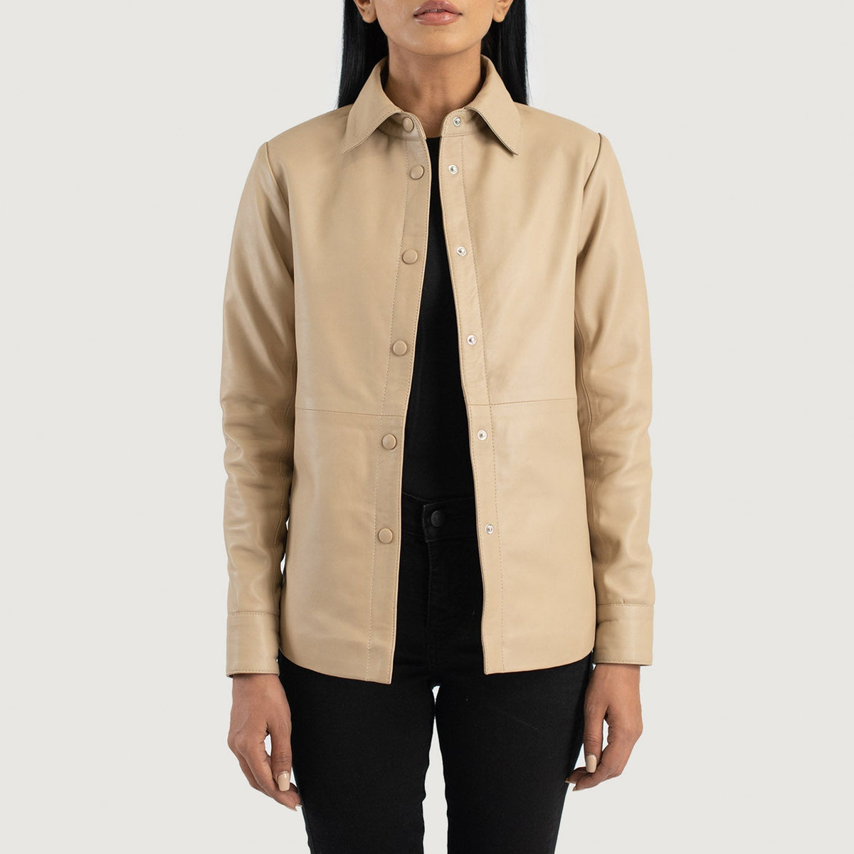 Women's Zenith Beige Leather Shirt Jacket in Beige Sheepskin Leather - Vista frontal y silueta a medida | Comprar online