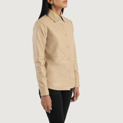 Beige Sheepskin Leather Biker Jacket - Vista trasera con ajuste entallado en hombros y bajo impecable