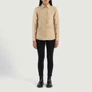 Women's Zenith Beige Leather Shirt Jacket - Vista de perfil lateral con corte ergonómico de manga